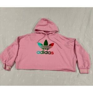 Adidas Pink Cropped Hoodie Trefoil Logo Sweatshirt Women's LXL